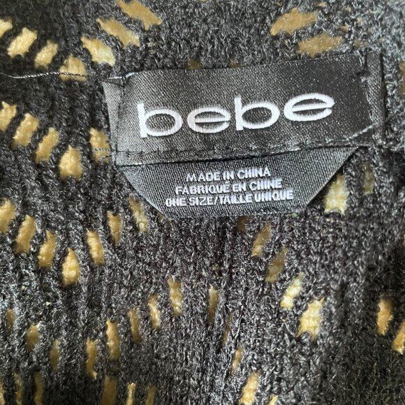 Bebe Blk Knit Poncho Fringe Boho Chic Open Front Lightweight Cover-Up Festival - Picture 2 of 9